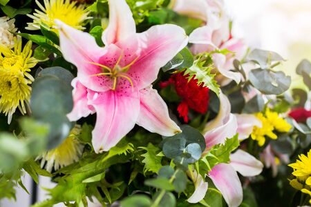 Selective focus to fresh flower bouquet. Botanic composition for wedding or greeting. Bouquet in...