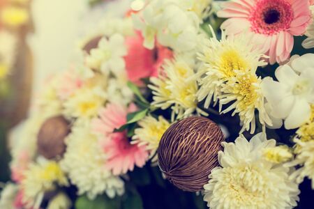 Selective focus to fresh flower bouquet. Botanic composition for wedding or greeting. Bouquet in...