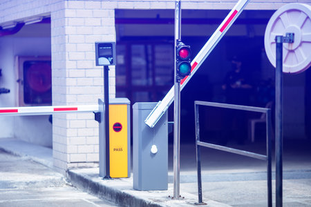 Selective focus to signal light of automatic barrier gate system. Parking and automatic payment system with licence plate recognition.  RFID system concept.の写真素材