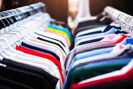 some used clothes hanging on a rack in a flea market. Collection of clothes hanging on a rack.