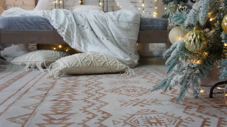 Christmas interior, New Years bed. festive decorationの写真素材