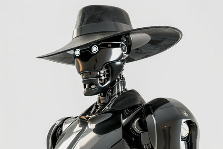 Robot wears a black sombrero on a white backgroundの素材