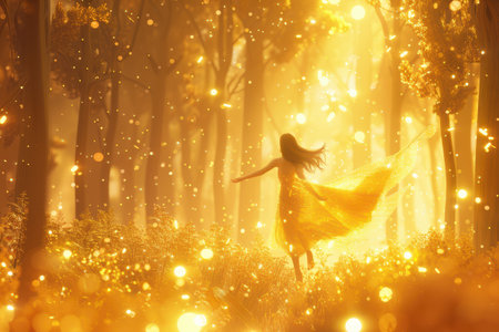 An angel with sparkles all around was walking in the forestの素材