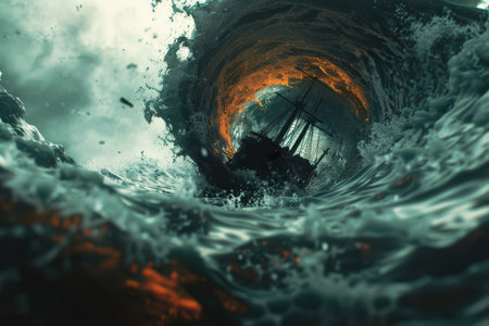 A ship in the midst of big waves in the seaの素材