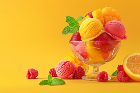 Sherbet ice cream and colorful tropical fruits in glasses on backgroundの素材