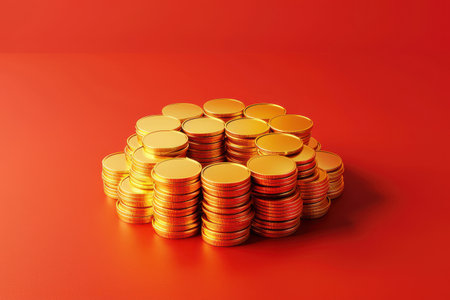 A pile of gold coins on a red backgroundの素材