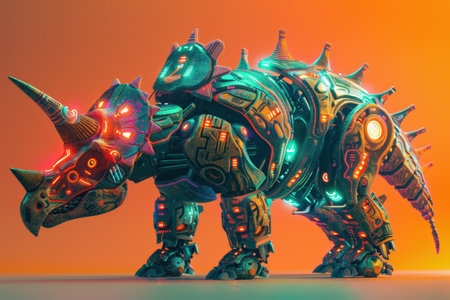 A Triceratops dinosaur robot on a white backgroundの素材