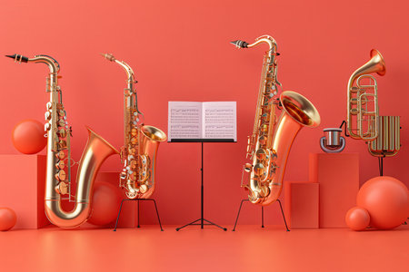 wind instruments lined up on the backgroundの素材