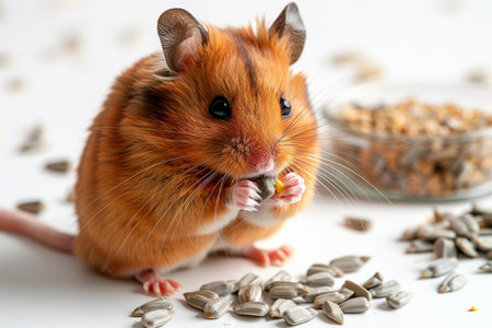 Hamster eating sunflower seeds bokeh style backgroundの素材