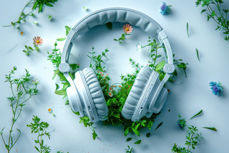 Headphones surrounded by leaves and vinesの素材