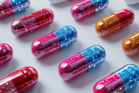 capsules scattered on white backgroundの素材
