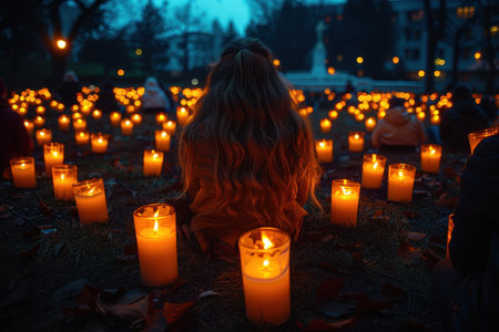 Woman lighting candles for peace in the park bokeh style backgroundの素材