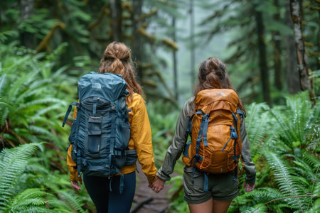 lesbian couple hiking together bokeh style backgroundの素材