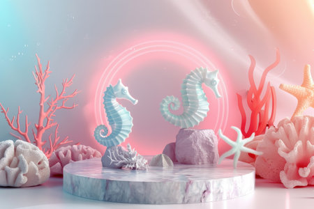 A display of seashells and coral and the neon circle on the backgroundの素材