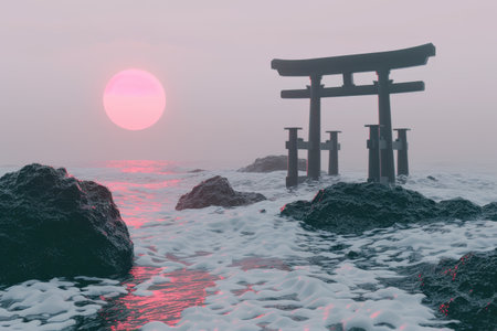 torii gate place on the river and sunset on the backgroundの素材