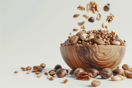 Grain splashing in a wooden bowl on white backgroundの素材