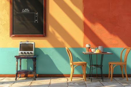 3d illustration of outdoor seating in front of the cafeの素材