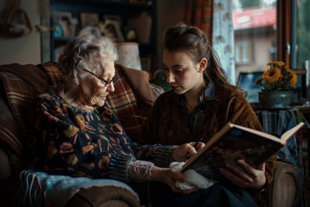 Old people reading a book in nursing home bokeh style backgroundの素材