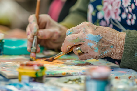 elderly people painting in nursing home bokeh style backgroundの素材