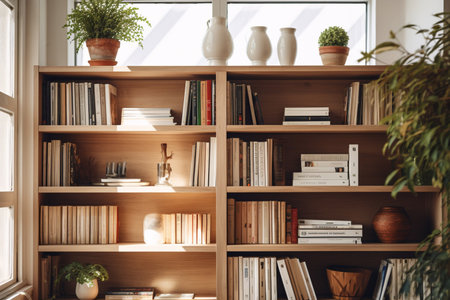 Wooden bookshelf full of booksの素材
