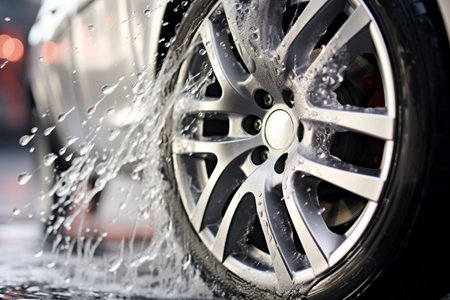 Wet car wheels on streetの素材