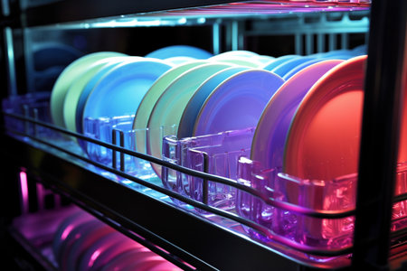 Clean dishes lined up on the dish rackの素材