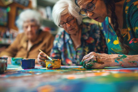 elderly people painting in nursing home bokeh style backgroundの素材