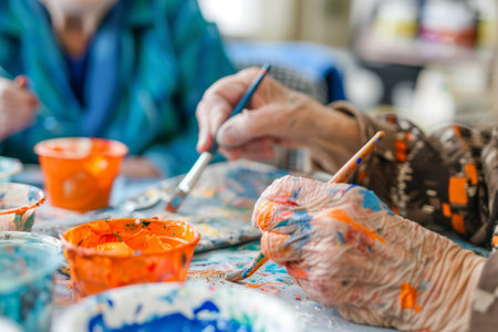 elderly people painting in nursing home bokeh style backgroundの素材