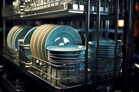 Clean dishes lined up on the dish rackの素材