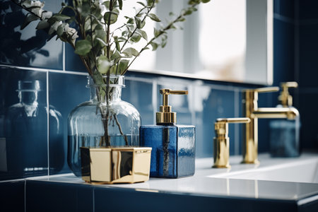 luxury interior of a blue and gold bathroomの素材