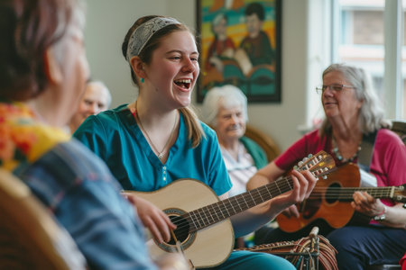 A nurse playing music for elderly people in a nursing home bokeh style backgroundの素材