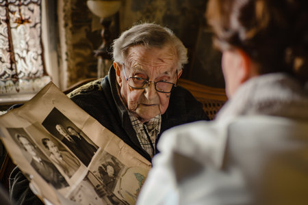 Old man looking at old pictures from the photo album bokeh style backgroundの素材