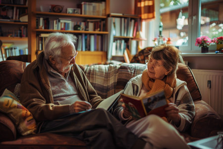 Old people reading a book in nursing home bokeh style backgroundの素材