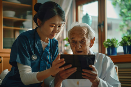a nurse helping asian old man looking at tablet bokeh style backgroundの素材