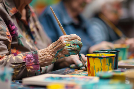 elderly people painting in nursing home bokeh style backgroundの素材