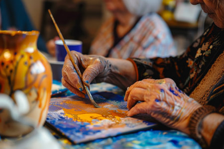 elderly people painting in nursing home bokeh style backgroundの素材