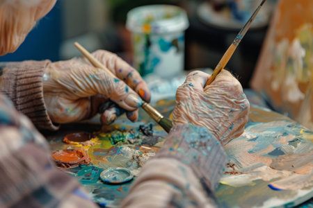 elderly people painting in nursing home bokeh style backgroundの素材