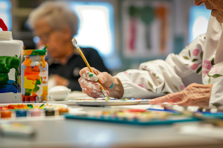 elderly people painting in nursing home bokeh style backgroundの素材