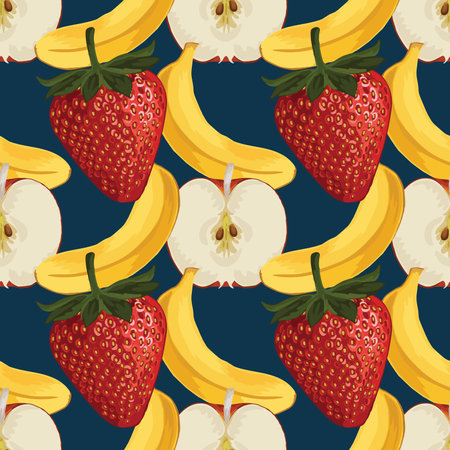 Seamless pattern with fresh strawberries and bananas on blue background.のイラスト素材