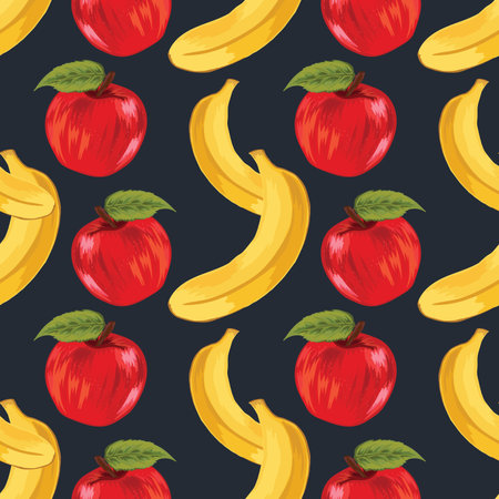 Seamless pattern with bananas and apples on a dark background.のイラスト素材