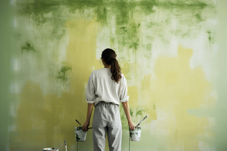 woman painting the wallの素材