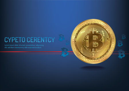 Cryptocurrency concept. Golden bitcoin on blue background. Vector illustrationのイラスト素材