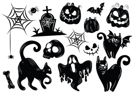 Halloween icons set. Black silhouettes of halloween elementsのイラスト素材