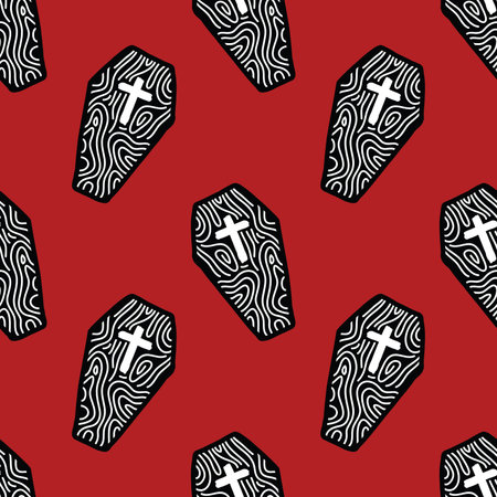 Seamless pattern with black and white crosses coffin on red background.のイラスト素材
