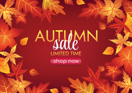 Autumn sale banner with falling leaves on red background. Vector illustration.のイラスト素材