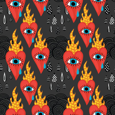 cute hand drawn sacred heart seamless patternのイラスト素材