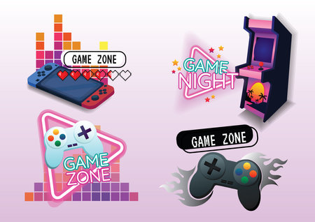 gamepad game console and arcade game in retro style setのイラスト素材