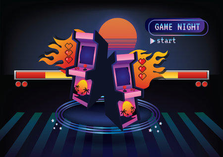 Arcade game on futuristic retro backgroundのイラスト素材