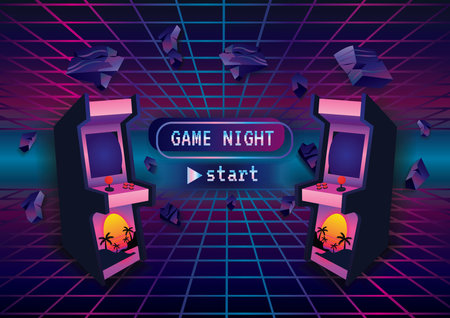 Retro arcade game on grid background, vector illustrationのイラスト素材