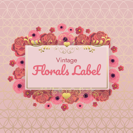 vintage pink floral labels with roses and leaves vector illustrationのイラスト素材